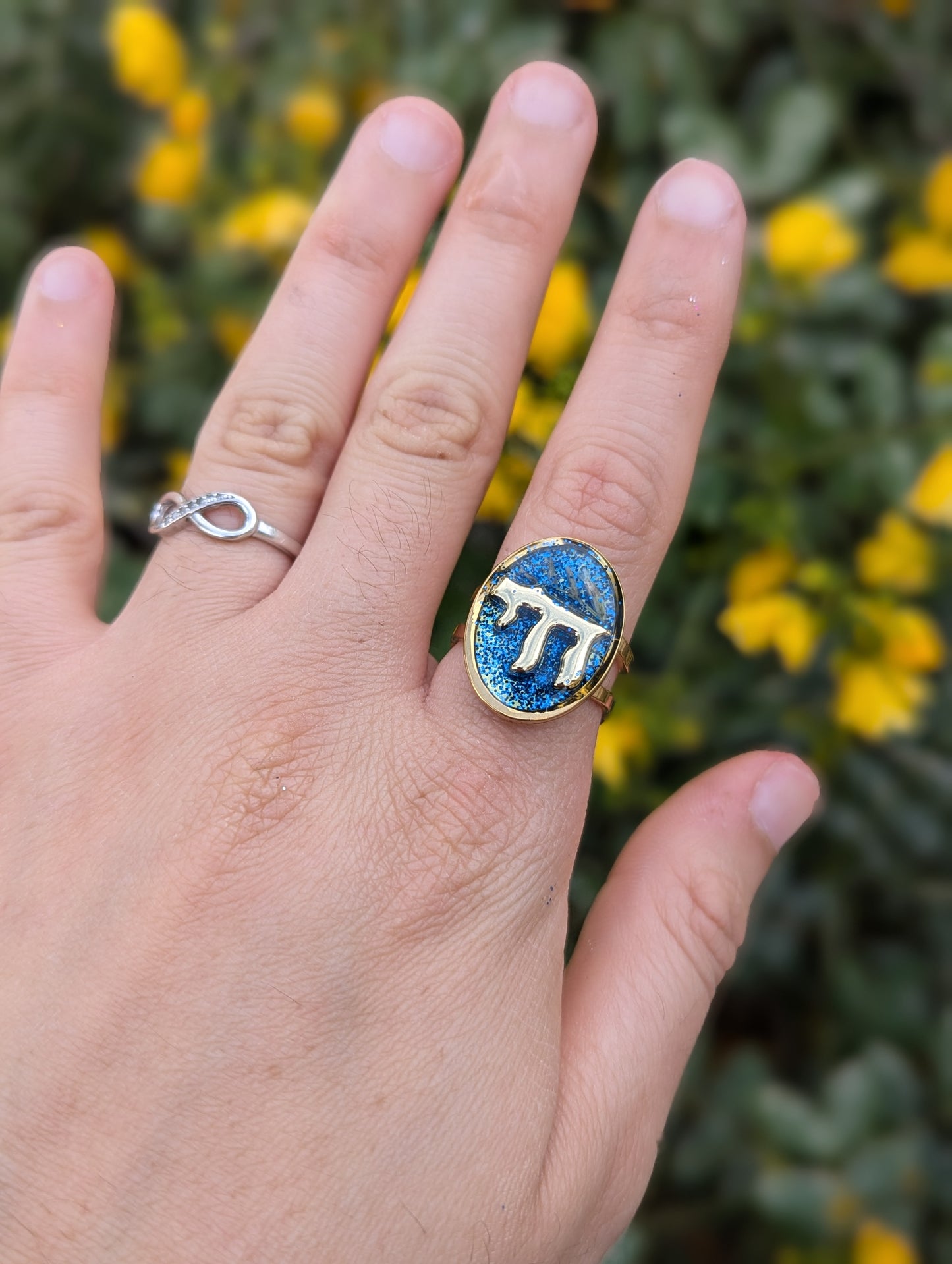 Gold Chai, Israeli Flowers and Blue Shine Gold Plated Adjustable Stainless Steel Ring