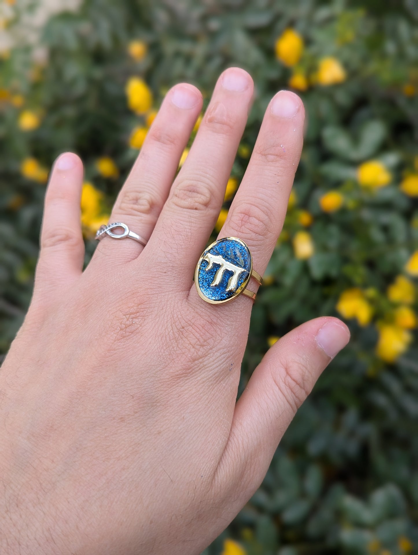 Gold Chai, Israeli Flowers and Blue Shine Gold Plated Adjustable Stainless Steel Ring