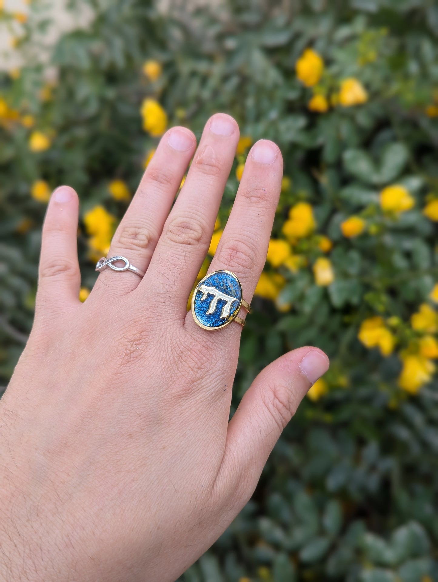 Gold Chai, Israeli Flowers and Blue Shine Gold Plated Adjustable Stainless Steel Ring