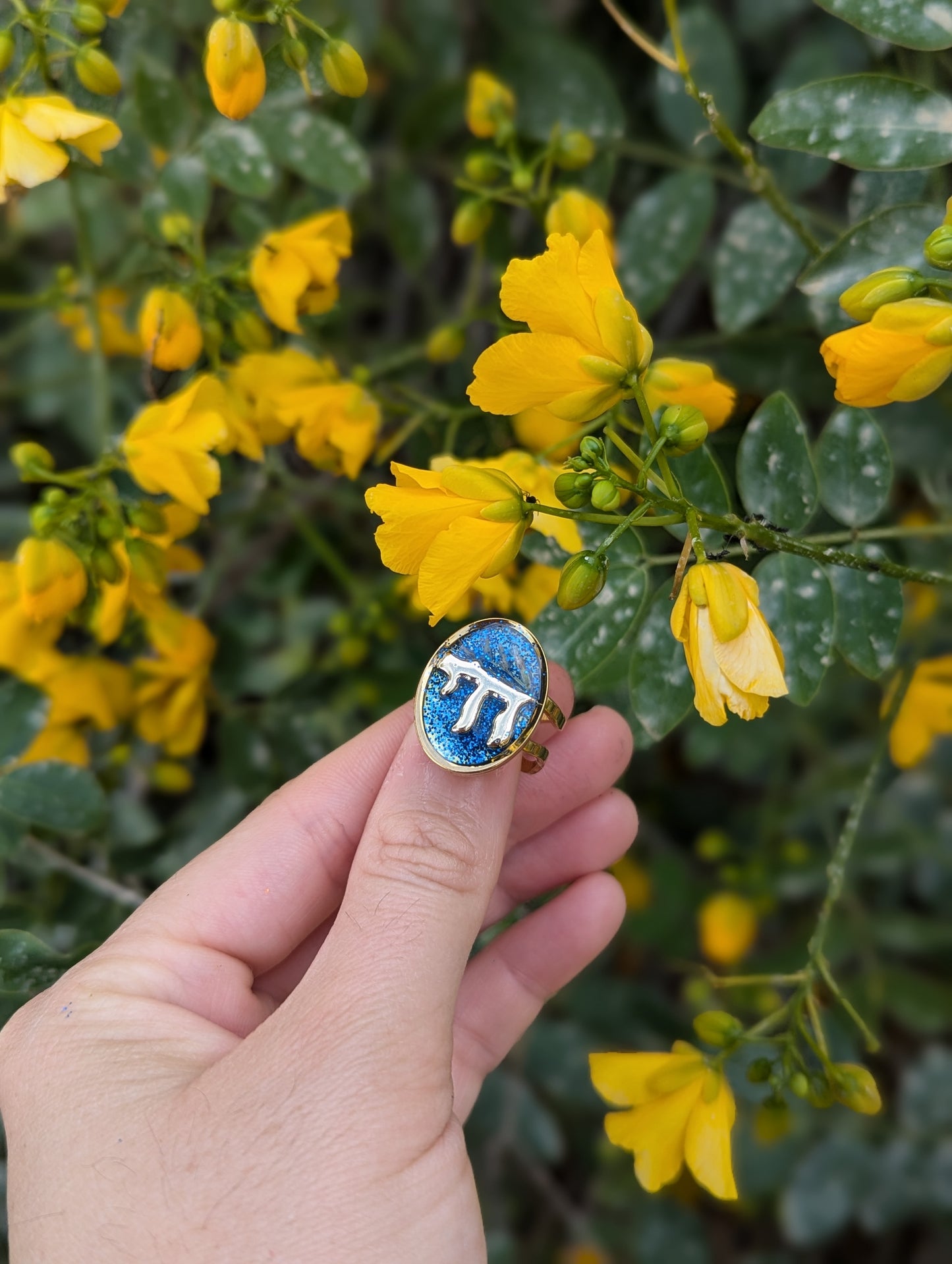 Gold Chai, Israeli Flowers and Blue Shine Gold Plated Adjustable Stainless Steel Ring