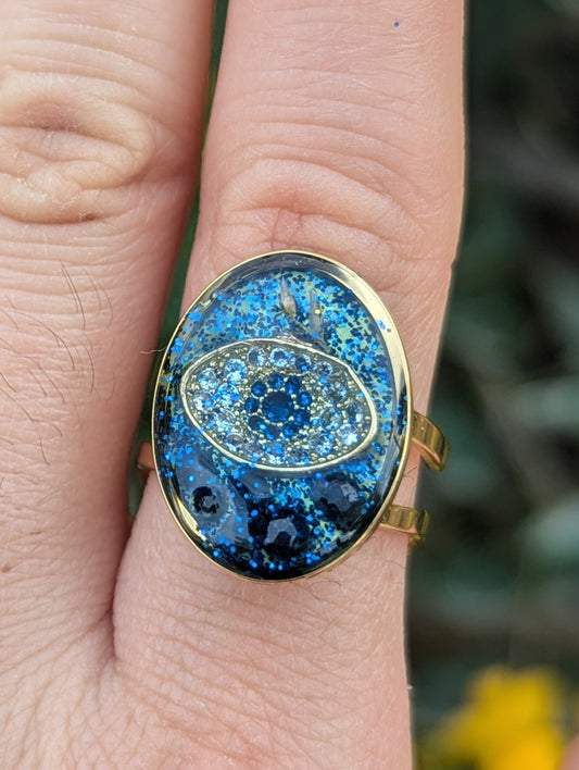 Evil Eye ring with Sterling Silver, Sapphire Gemstones, Blue Shine and Israeli Tiny Flowers in Stainless Steel Adjustable Ring