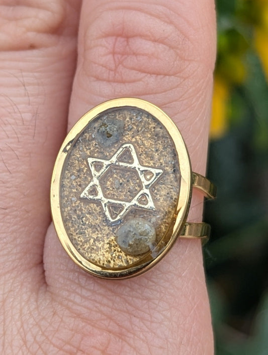 Israeli Sand and Beach Tiny Stones Magen David Gold Plated Stainless Steel Adjustable Ring