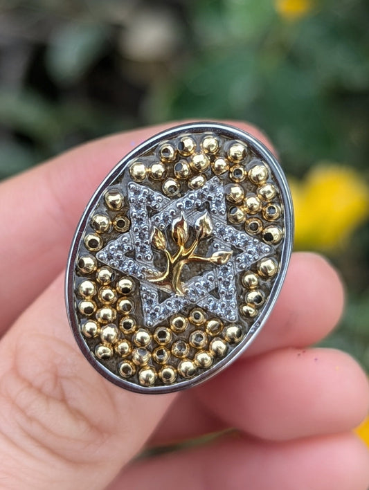 Two Tone Tree of Life Ring with Sterling Silver and God Plated Beads Adjustable Stainless Steel Ring