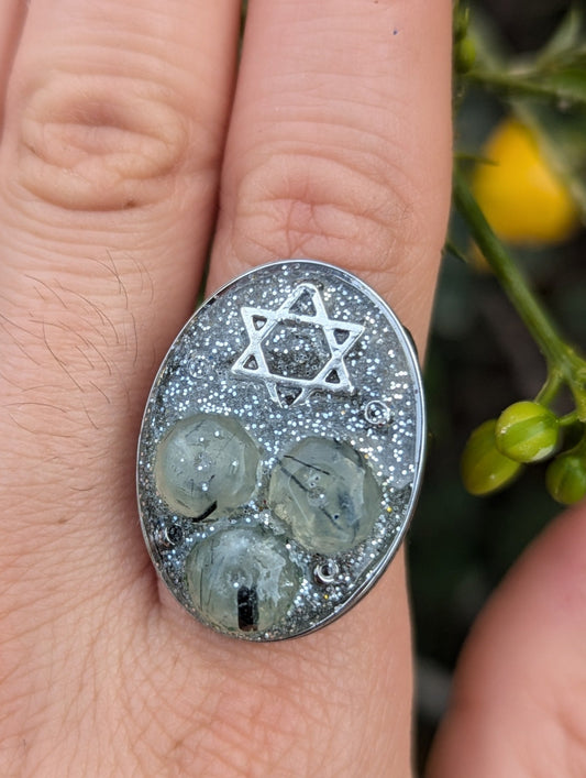 Agate Moss Gemstones Silver Shine Magen David Stainless Steel Adjustable Ring