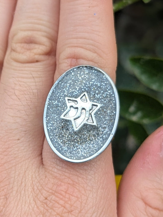 Israeli Sand, Silver Shine, Chai Magen David and Silver Stainless Steel Adjustable Ring