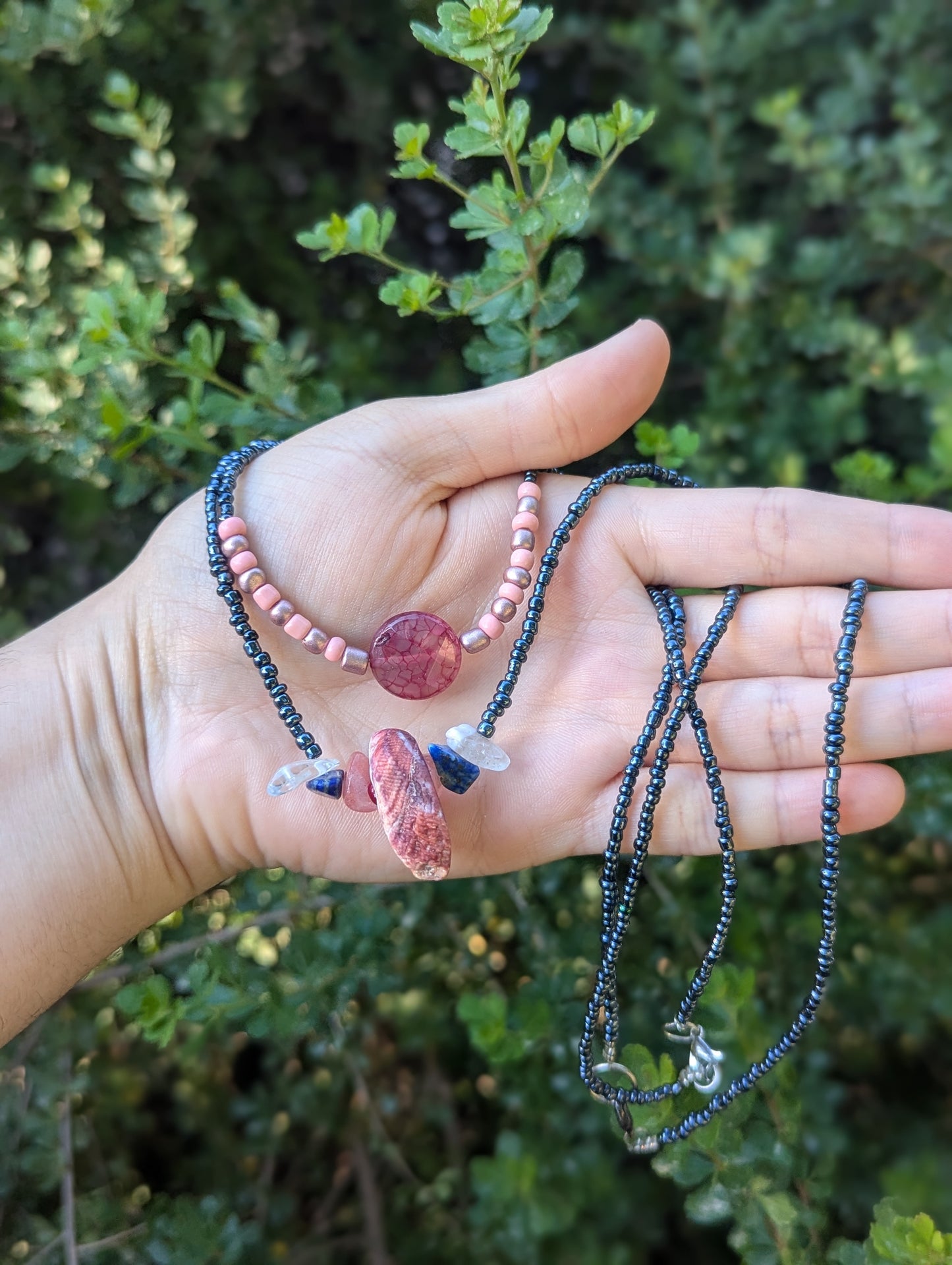 Rakefet! Israeli Pink Shell and Pink Agate Long Beaded Necklaces