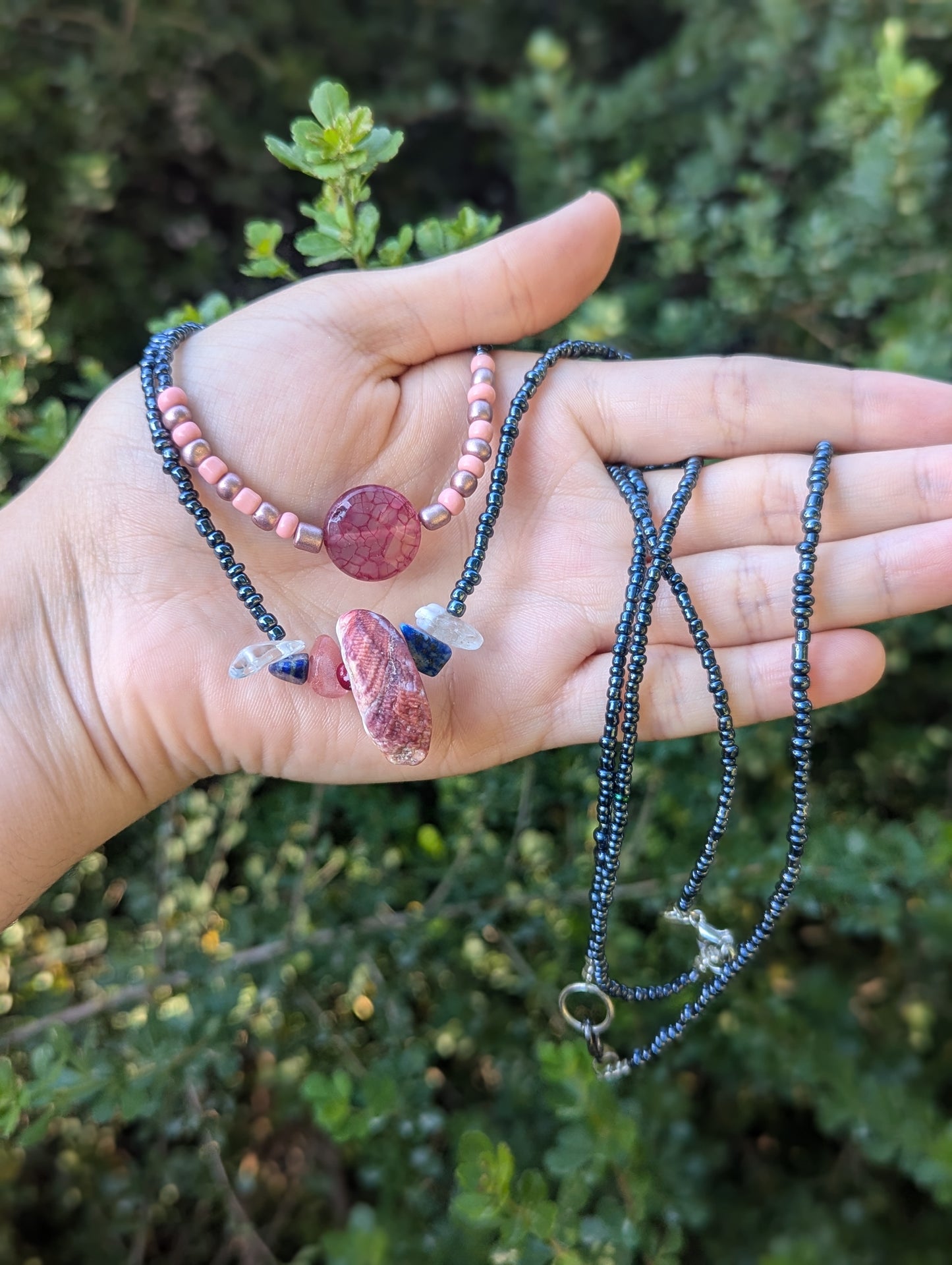 Rakefet! Israeli Pink Shell and Pink Agate Long Beaded Necklaces