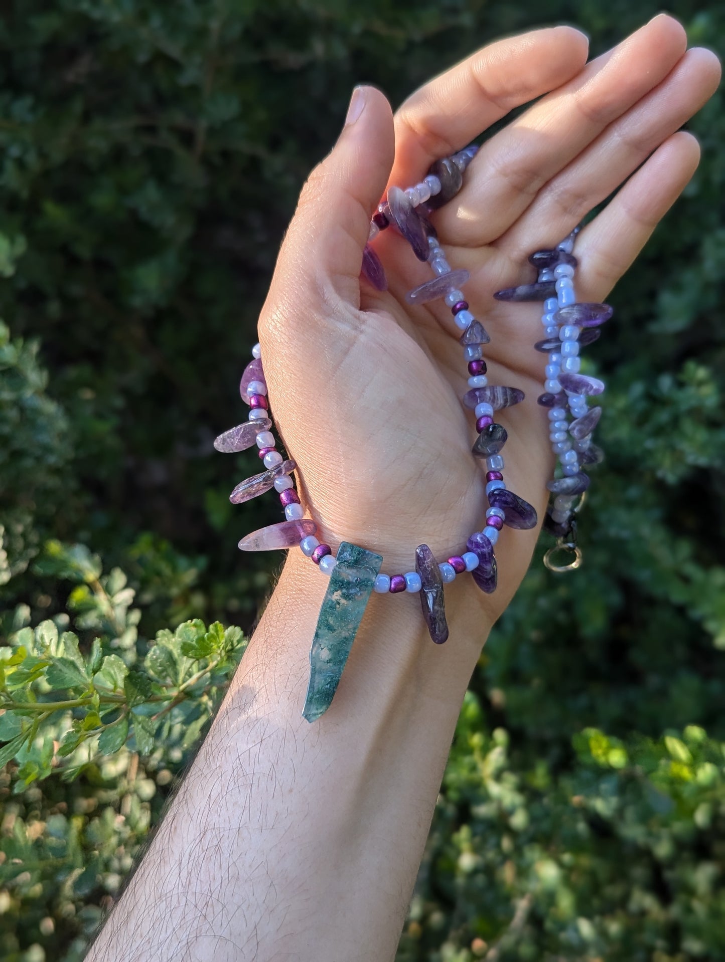 Rakefet! Moss Agate Pendant, Purple Amethyst and Baby Blue Glass Beaded Long Necklace