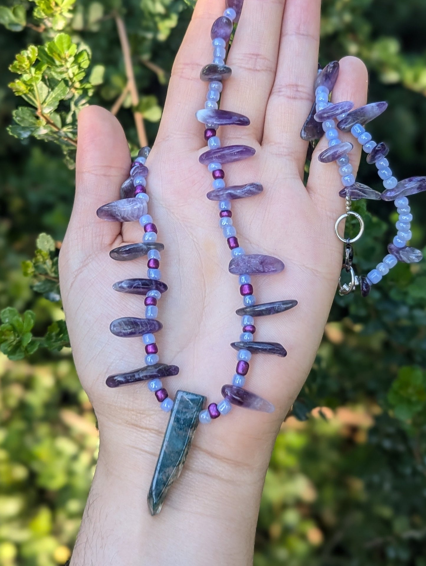 Rakefet! Moss Agate Pendant, Purple Amethyst and Baby Blue Glass Beaded Long Necklace