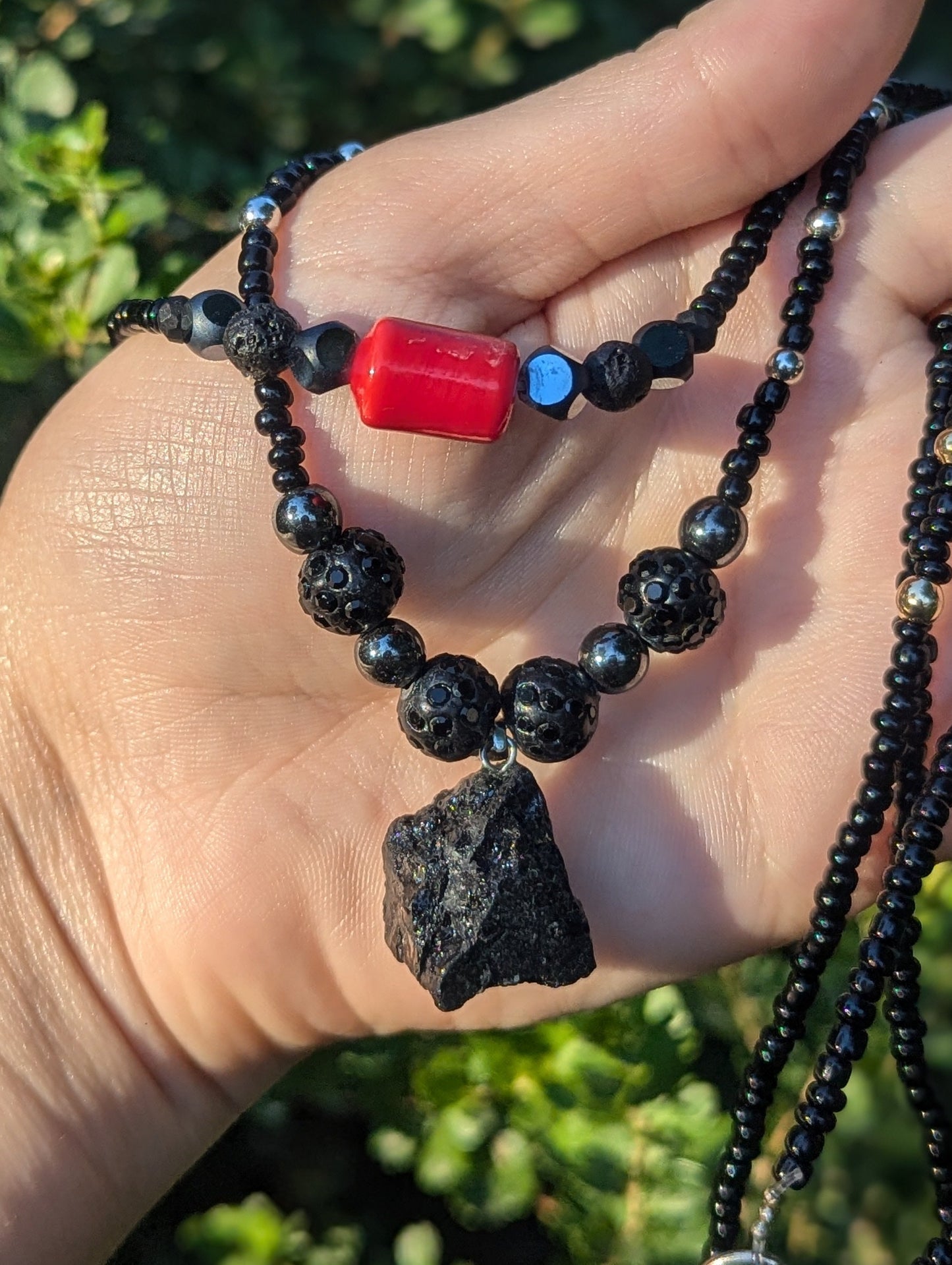 Rakefet! Black Tourmaline & Red Ceramic layered black glass beaded necklaces