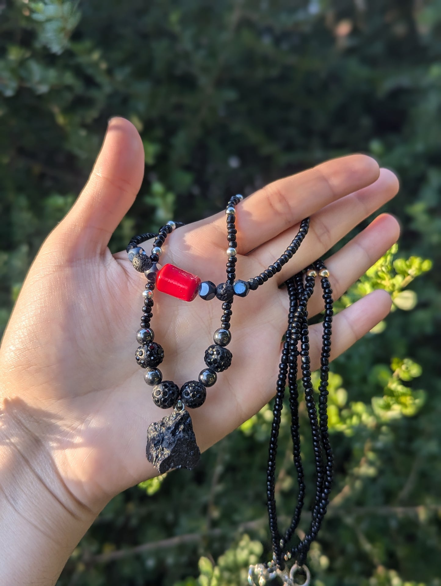 Rakefet! Black Tourmaline & Red Ceramic layered black glass beaded necklaces