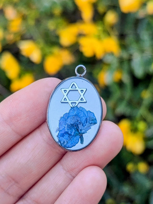Nala: Blue Flower Silver Magen David Resin Pendant