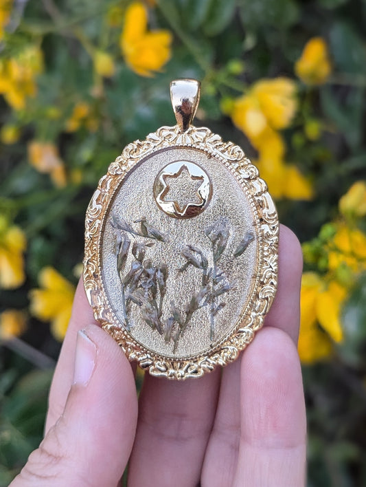 Lina: Israeli Tiny Flowers and Magen David in Large Oval Decorated Gold plated Resin Pendant