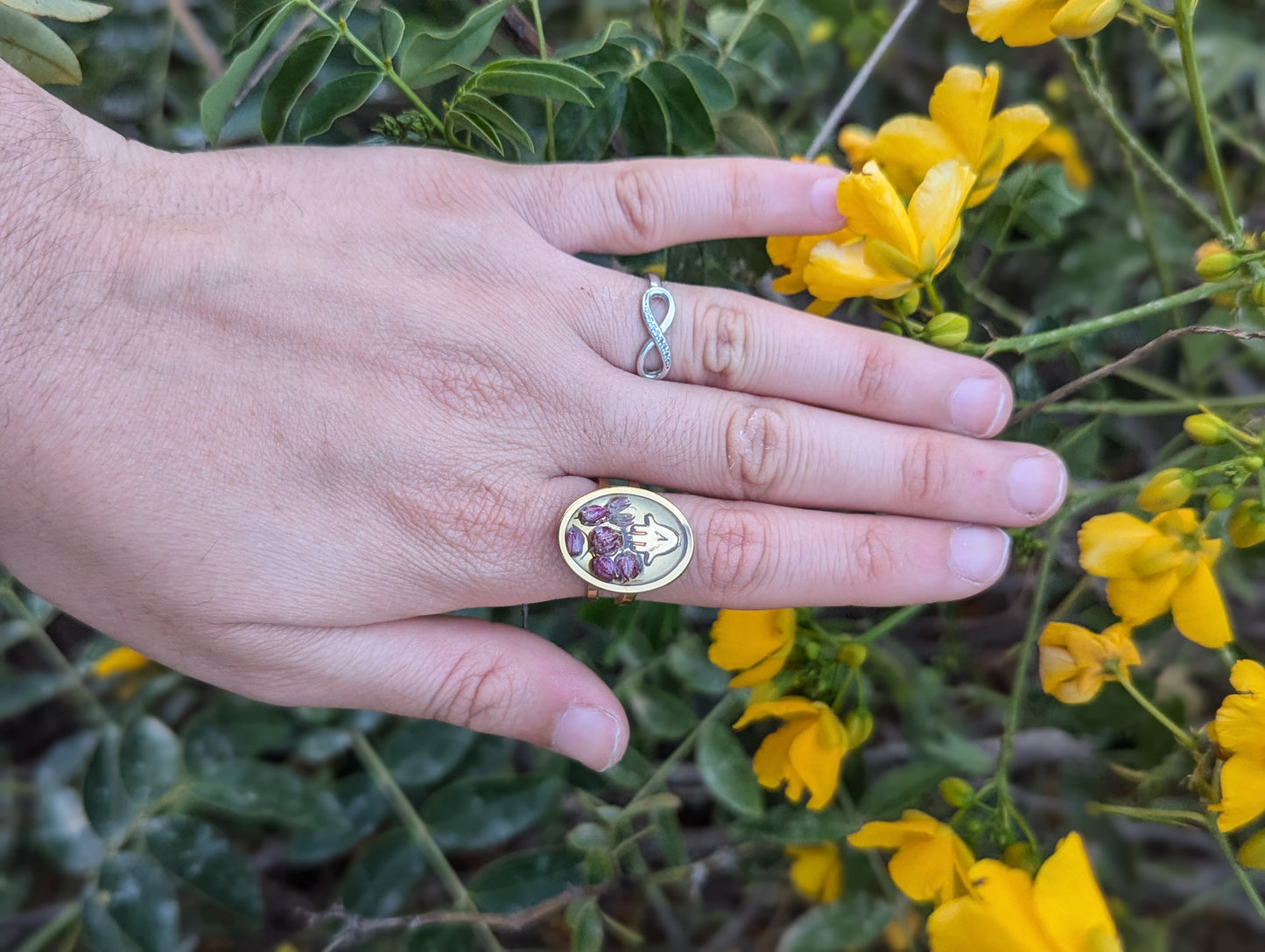 Simcha Ring: Tiny Hamsa and Israeli Purple Flowers Adjustable Resin Stainless Steel
