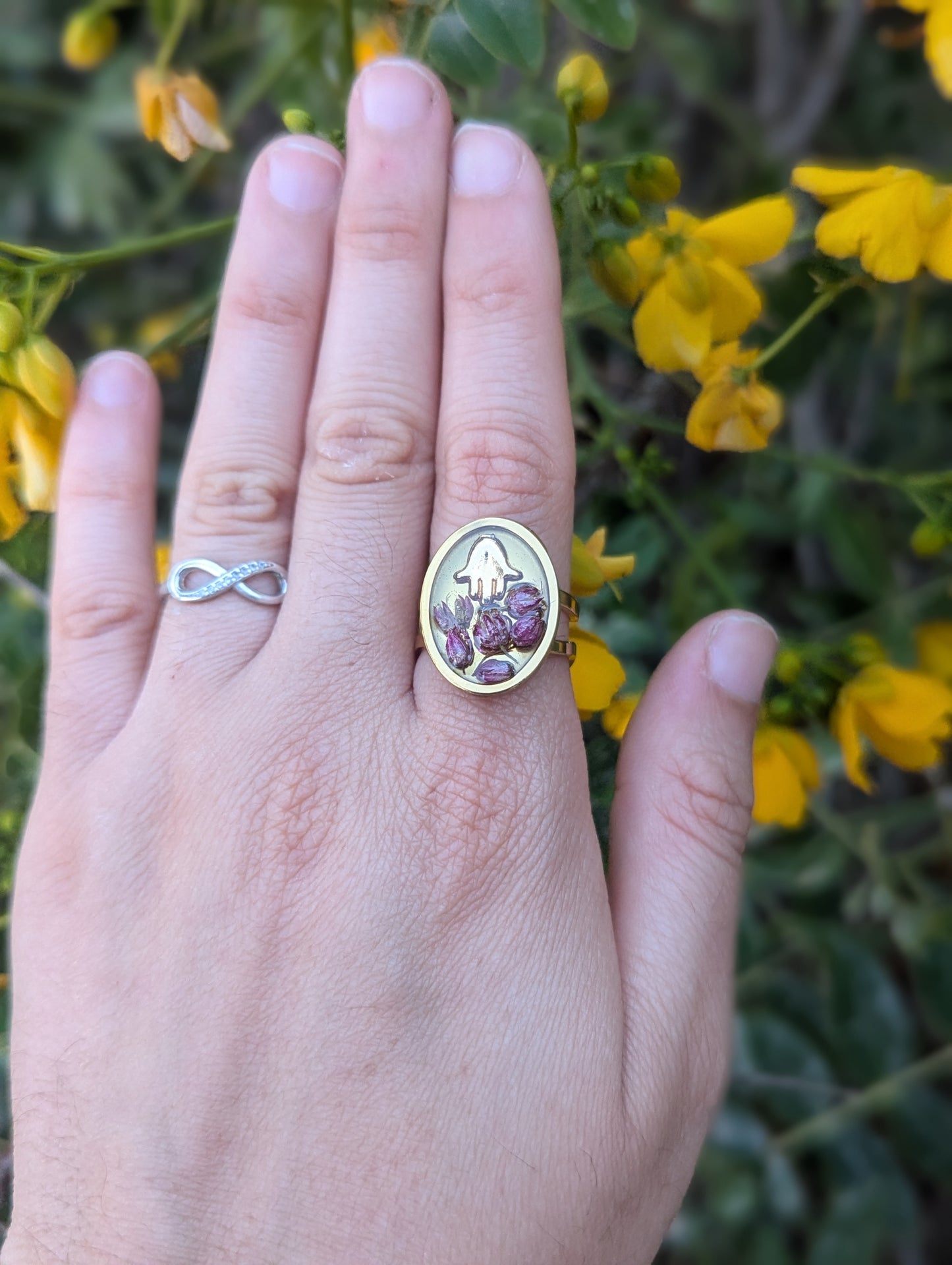 Simcha Ring: Tiny Hamsa and Israeli Purple Flowers Adjustable Resin Stainless Steel