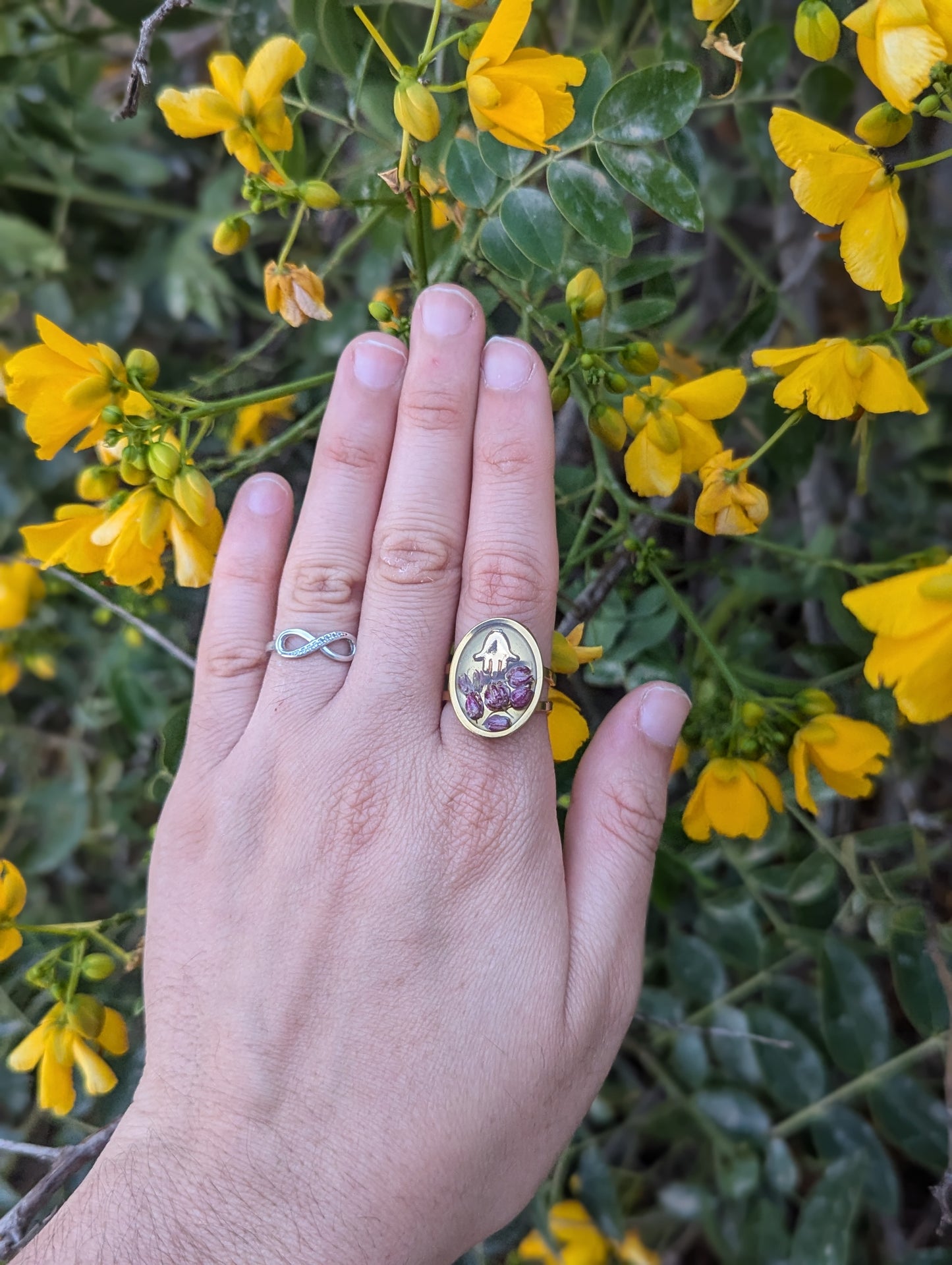 Simcha Ring: Tiny Hamsa and Israeli Purple Flowers Adjustable Resin Stainless Steel