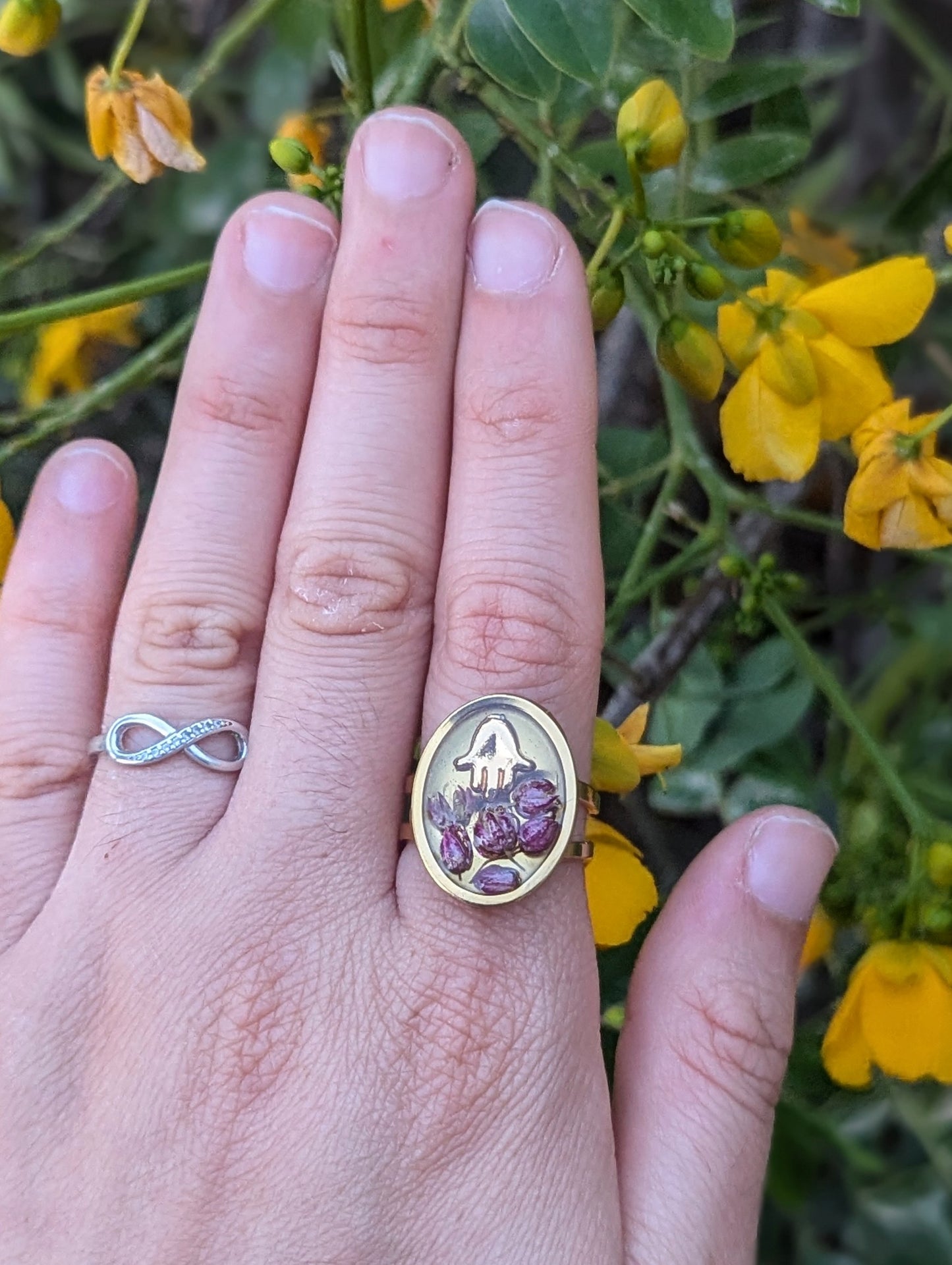 Simcha Ring: Tiny Hamsa and Israeli Purple Flowers Adjustable Resin Stainless Steel