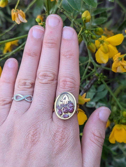 Simcha Ring: Tiny Hamsa and Israeli Purple Flowers Adjustable Resin Stainless Steel