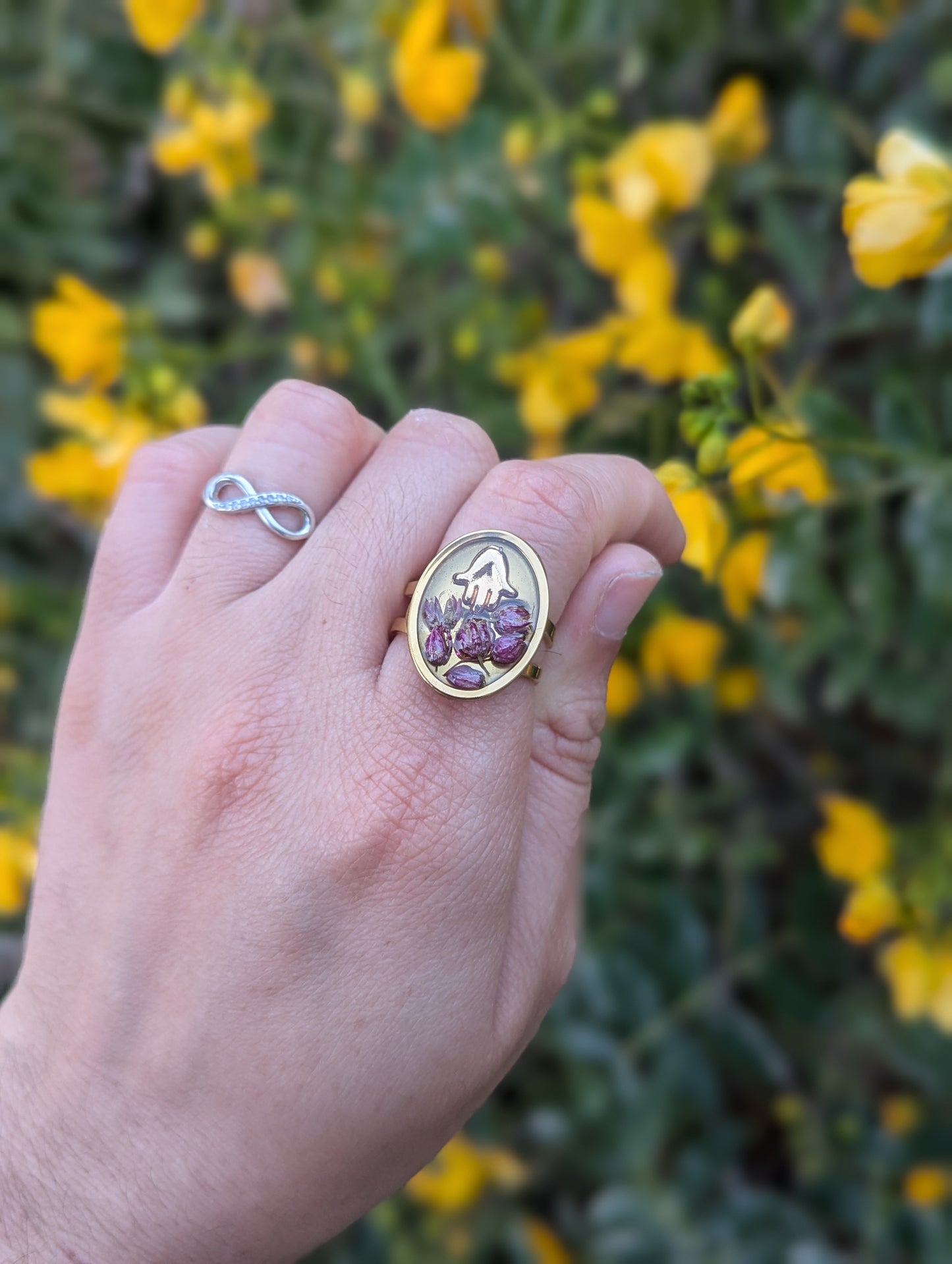 Simcha Ring: Tiny Hamsa and Israeli Purple Flowers Adjustable Resin Stainless Steel