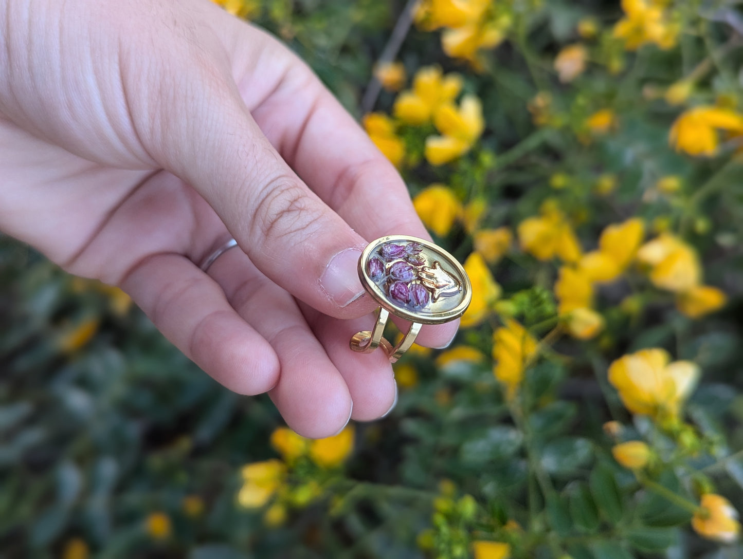 Simcha Ring: Tiny Hamsa and Israeli Purple Flowers Adjustable Resin Stainless Steel
