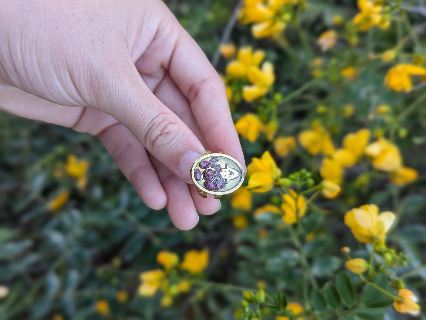 Simcha Ring: Tiny Hamsa and Israeli Purple Flowers Adjustable Resin Stainless Steel
