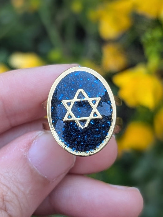Layla Ring: Gold Plated Magen David and Ring with Blue and Black Glitter in Resin