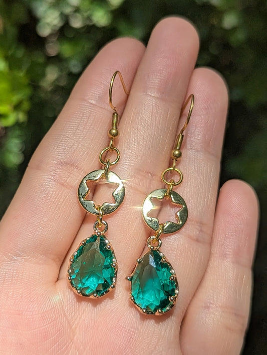 Forest Earrings: Magen David Gold Plated Earrings with Green Crystal Drops