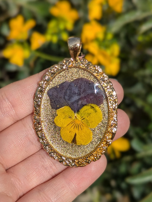 Tamar: Purple Yellow Israeli Flower in Decorated Gold Plated Resin Pendant