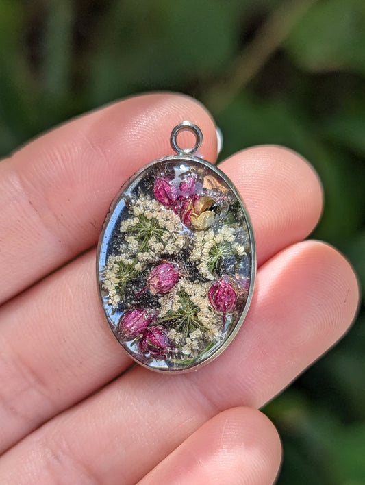 The Secret Garden White and Violet Tiny Flowers Resin Pendant
