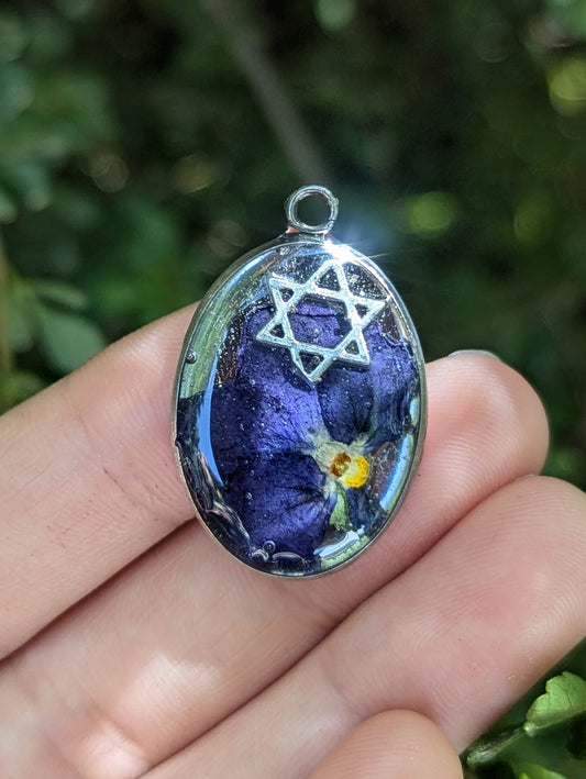 Danielle: Dark Purple Flower and Silver Magen David Resin Pendant