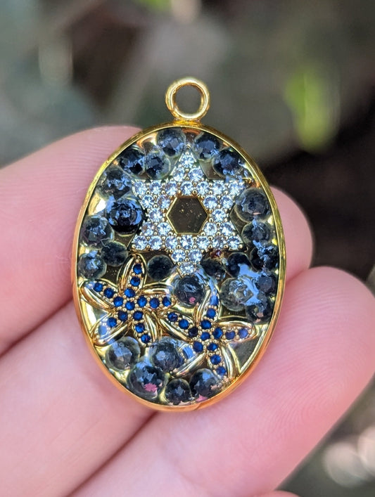 Aviv (Spring): Zirconia Magen David, Blue Sapphire Gemstones and Blue Zirconia Flowers Resin Pendant