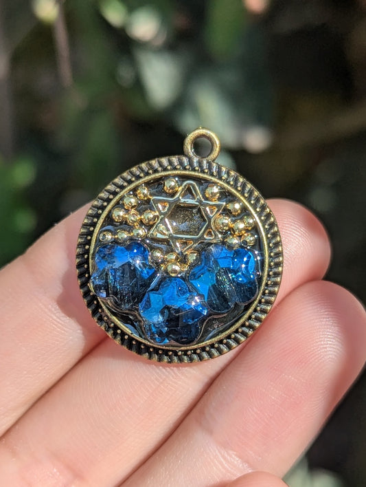 Navy Pendant: With Gold Plated Magen David, Golden Beads and Navy Blue Glass Flowers