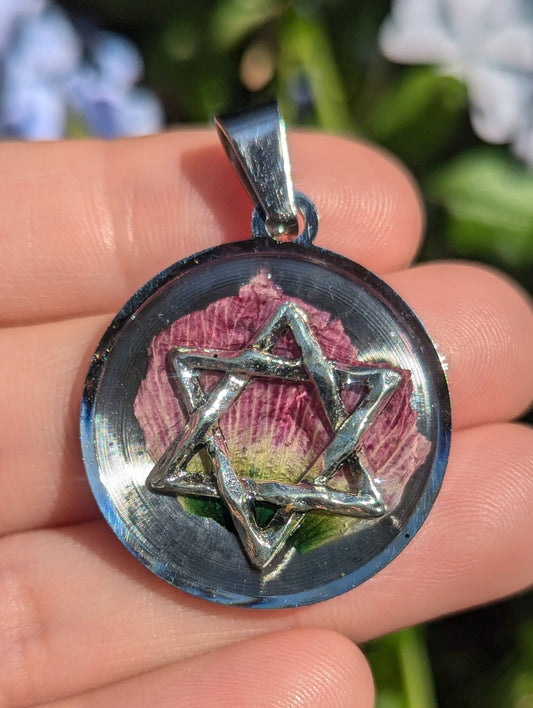 Jewish Watermelon Pendant: Pink Green Israeli Flower in Round Stainless Steel Resin Pendant