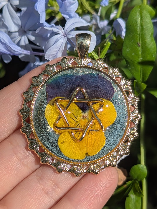 Tamar's Healing: Yellow Purple Israeli Flower Pendant and Soft Magen David In Decorated Resin
