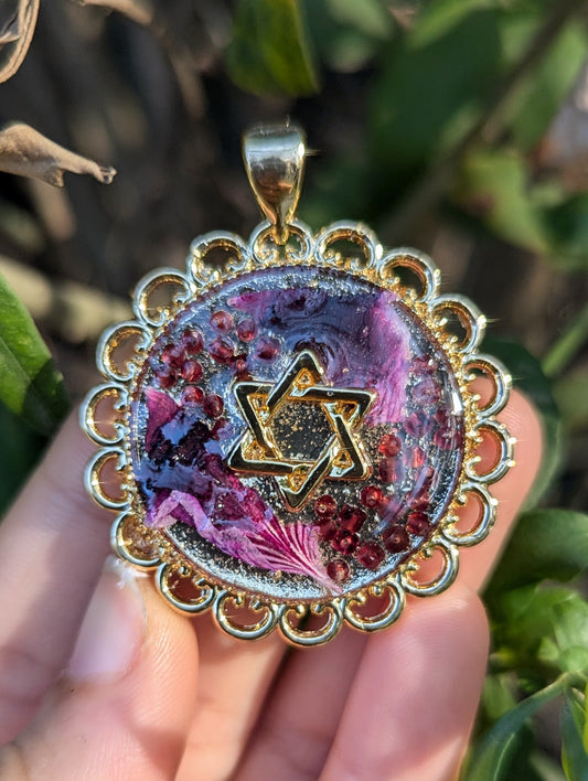 Chatula (female cat): Striped Purple Pink Flower Leaves, Garnet Gemstones and  Magen David