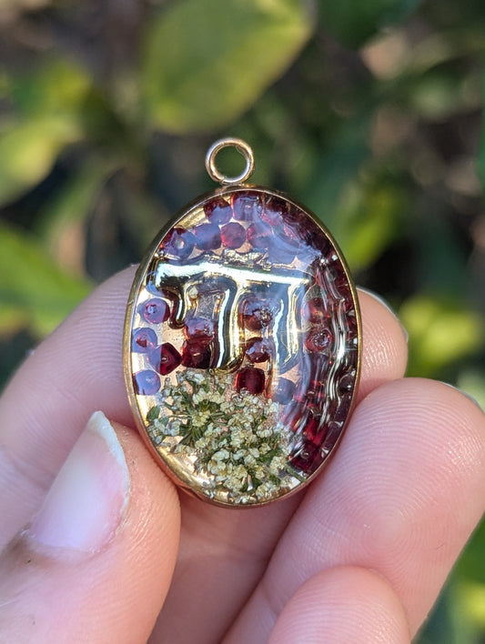 Life: Gold Plated Chai, Garnet Gemstones and Israeli White Green Tiny Flowers
