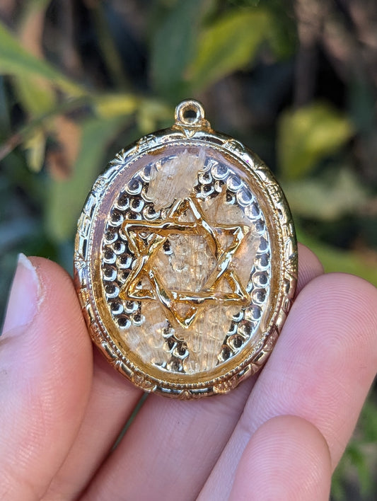 Melody: White Israeli Flower Leaves, Dotted Gold Background and Magen David in Large Decorated Frame