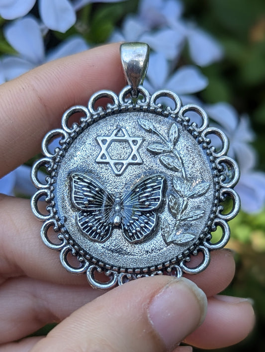 Gan Eden (paradise): Silver Butterfly, Magen David and Long Silver Leaf Decorated Pendant