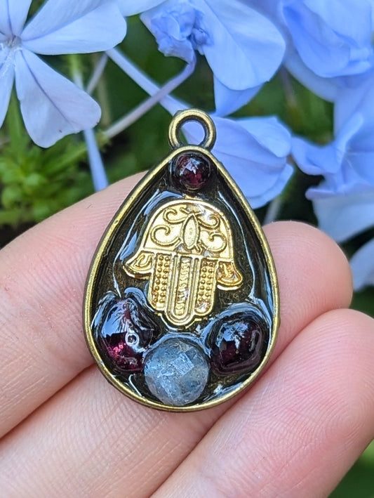 Lola: Decorated Hamsa in Brass Drop, with Garnet and Labradorite Gemstones