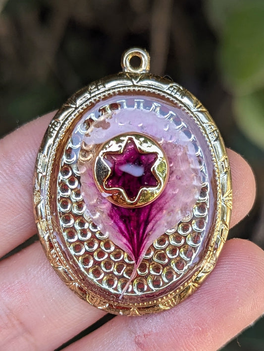Talia: Israeli Pink Flower Leaf and Gold Plated Oval Resin Pendant