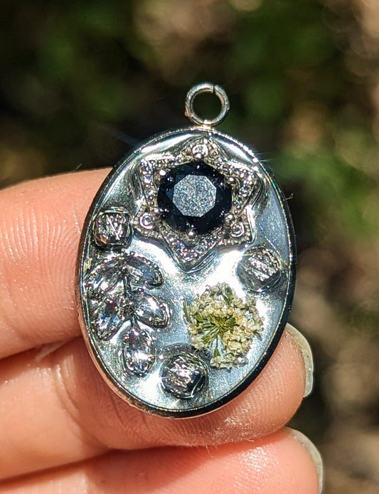 Dark Beauty: Black Moissahaite Magen David, Israeli Flowers and Zirconia Leaf Resin Pendant