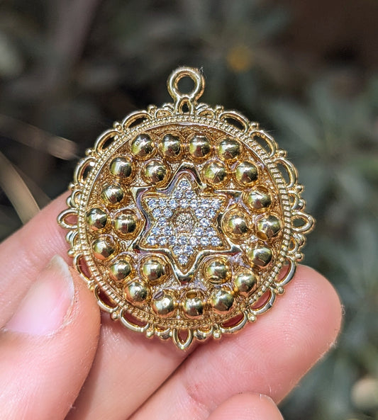 Rona: Zirconia, Gold Plated Bubbles Magen David Pendant in Resin