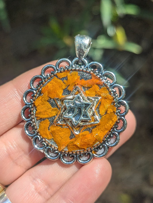 Lita: Orange Israeli Flowers Pendant with Chai Magen David