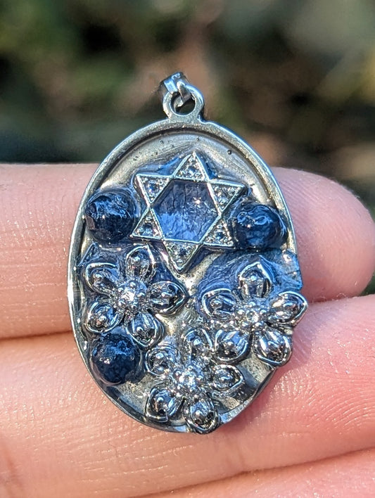 Rosalyn: Zirconia Flowers, Sapphire Beads and Silver Zirconia Magen David Oval Pendant