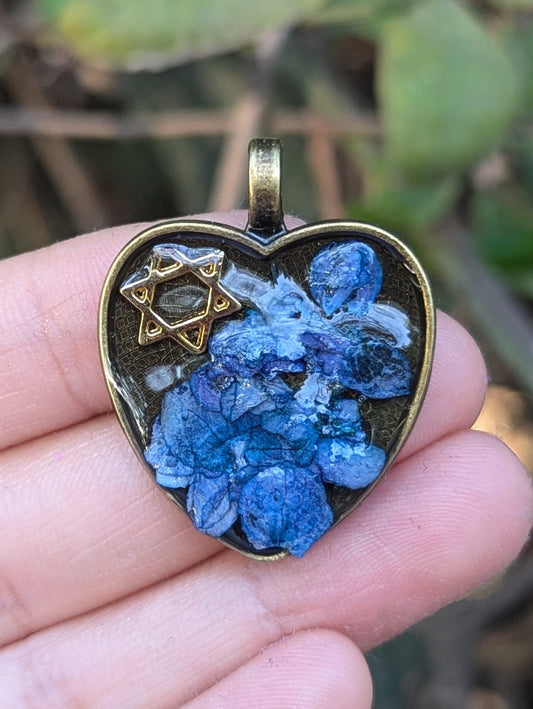 Noya: Blue Israeli Flowers Gold Plated Magen David Brass Heart Pendant