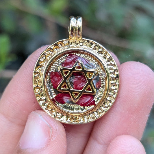 Hannah: Red Israeli Flower Leaves and Gold plated Magen David in Round Gold Plated Decorated Frame