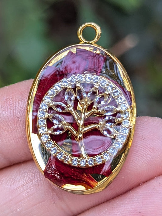 Amit: Gold Plated Tree of Life and Red Israeli Flowers in Resin