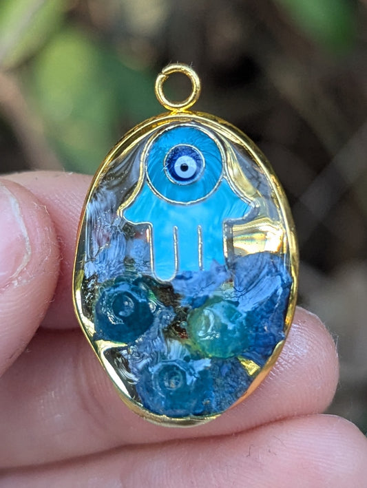 Bar: Blue Enamel Hamsa and Evil Eye, Israeli Blue Flowers and Jade Gemstones