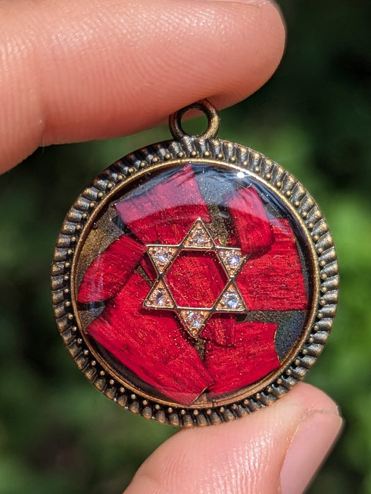 Vered. (Rose): Red Israeli Flower Leaf Fragments and Zirconia Gold Plated Magen David Brass Round Pendant