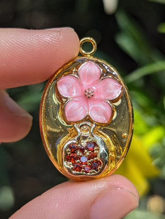 Pink Jasmine: Pomegranate and Pink Flower Resin Gold Plated Pendant